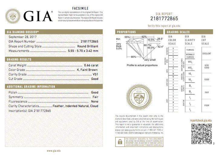 0.66 CT K VS1 Natural Loose Diamond GIA Certified Round Cut Brilliant