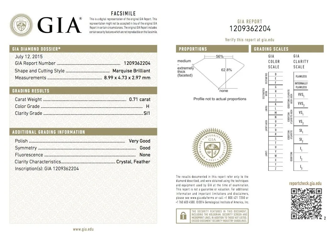 0.71 CT Diamond H Color SI1 Clarity Loose GIA Certified Marquise Cut Natural