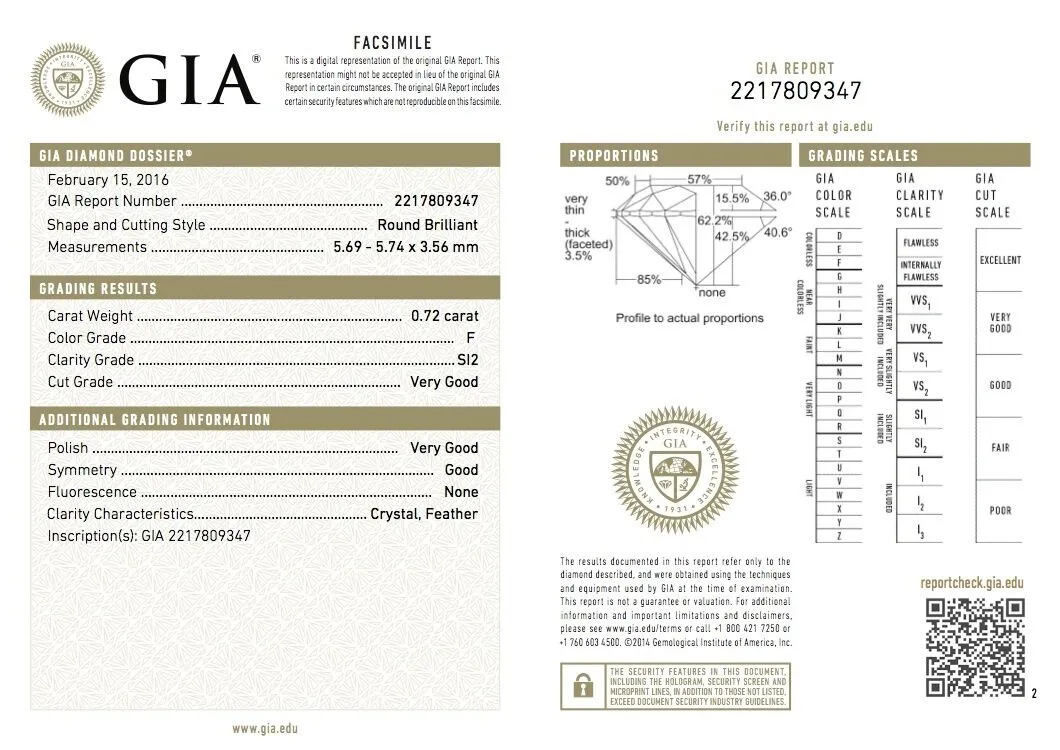 0.72 CT F SI2 Natural Real Loose Diamond GIA Certified Round Cut Brilliant
