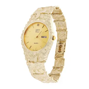 10k Yellow Gold Nugget Link Geneve Wrist Watch with Diamond 7.5-8" 50 grams