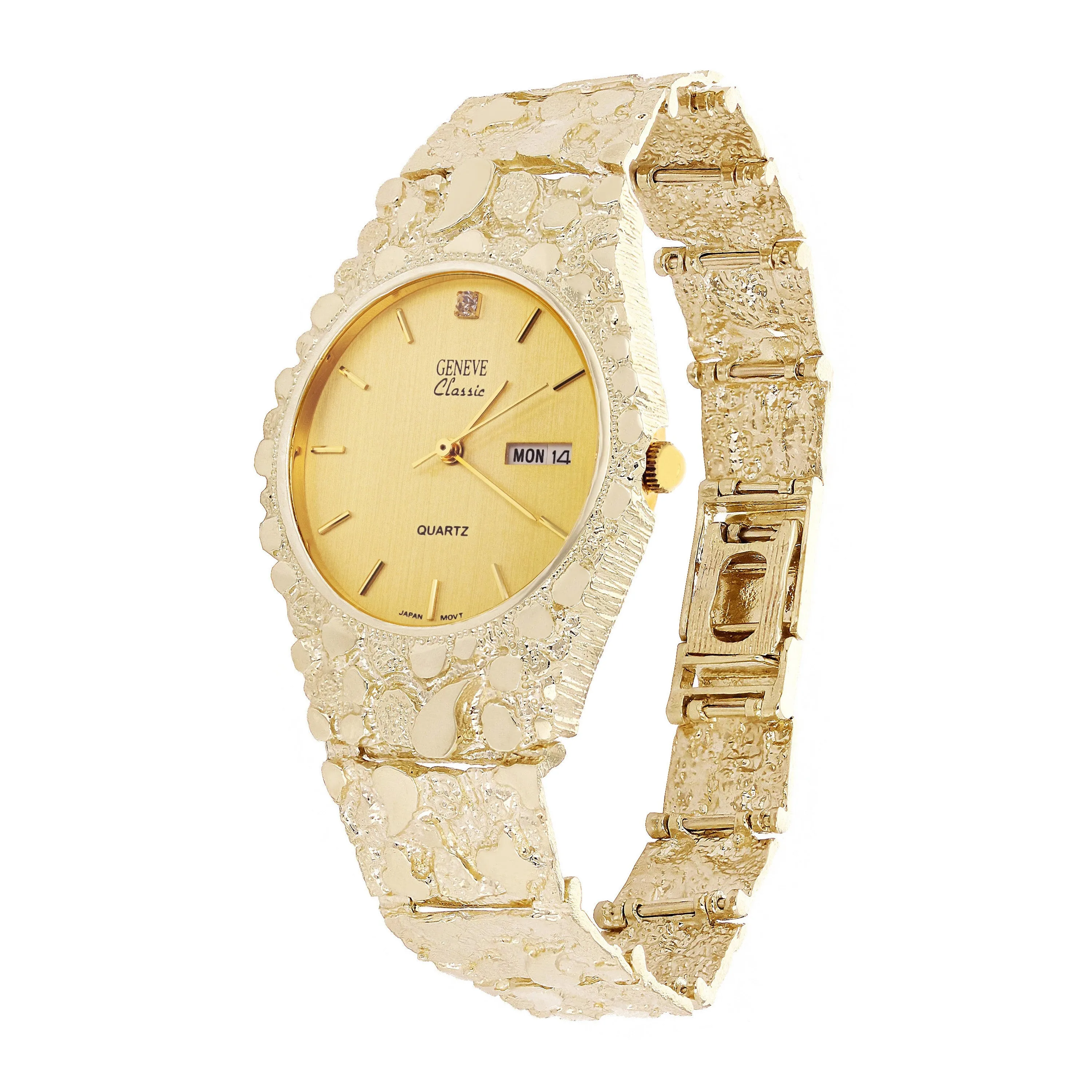 10k Yellow Gold Nugget Link Geneve Wrist Watch with Diamond 7.5-8" 50 grams