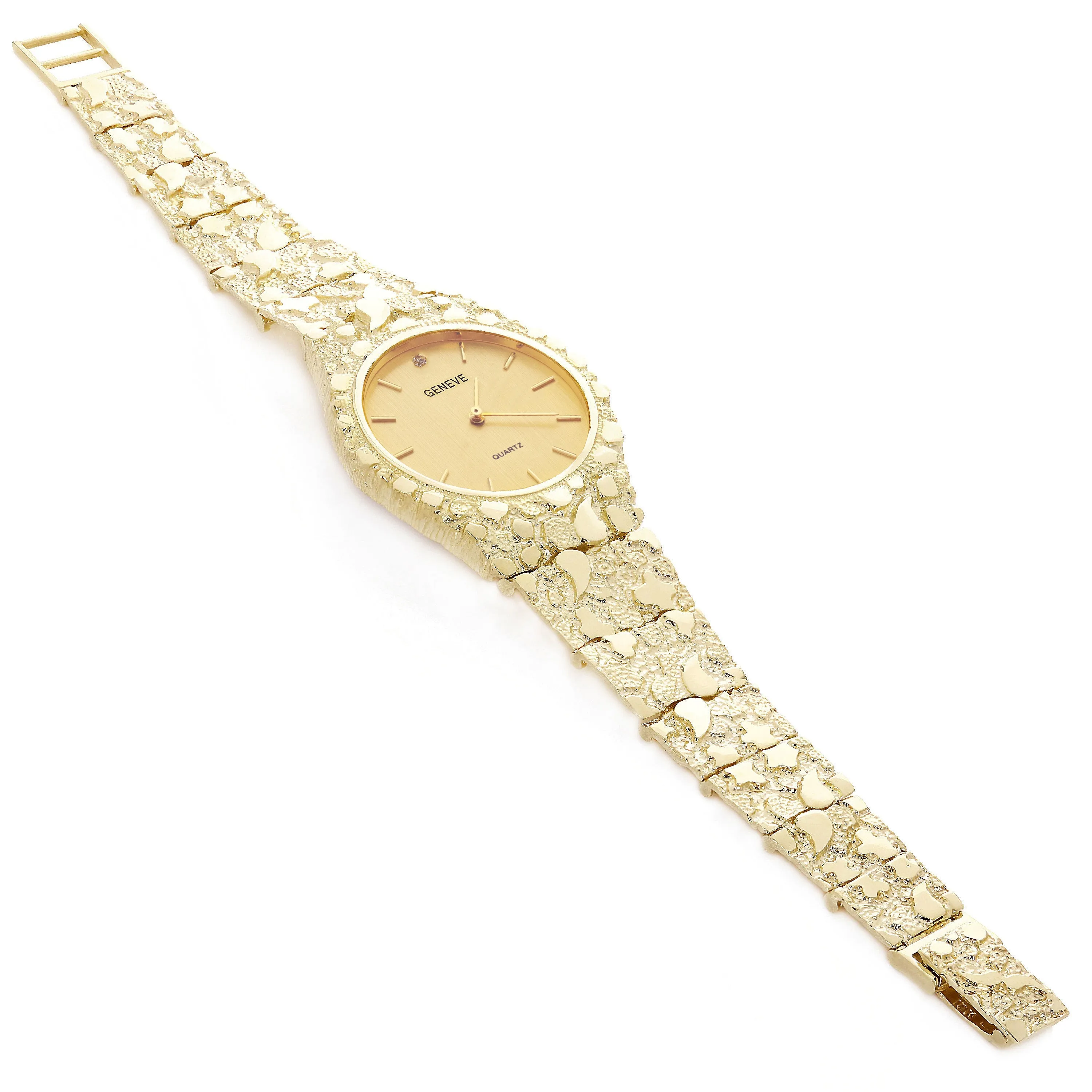 10k Yellow Gold Nugget Link Wrist Band Geneve Diamond Watch 7-7.5" 47 grams