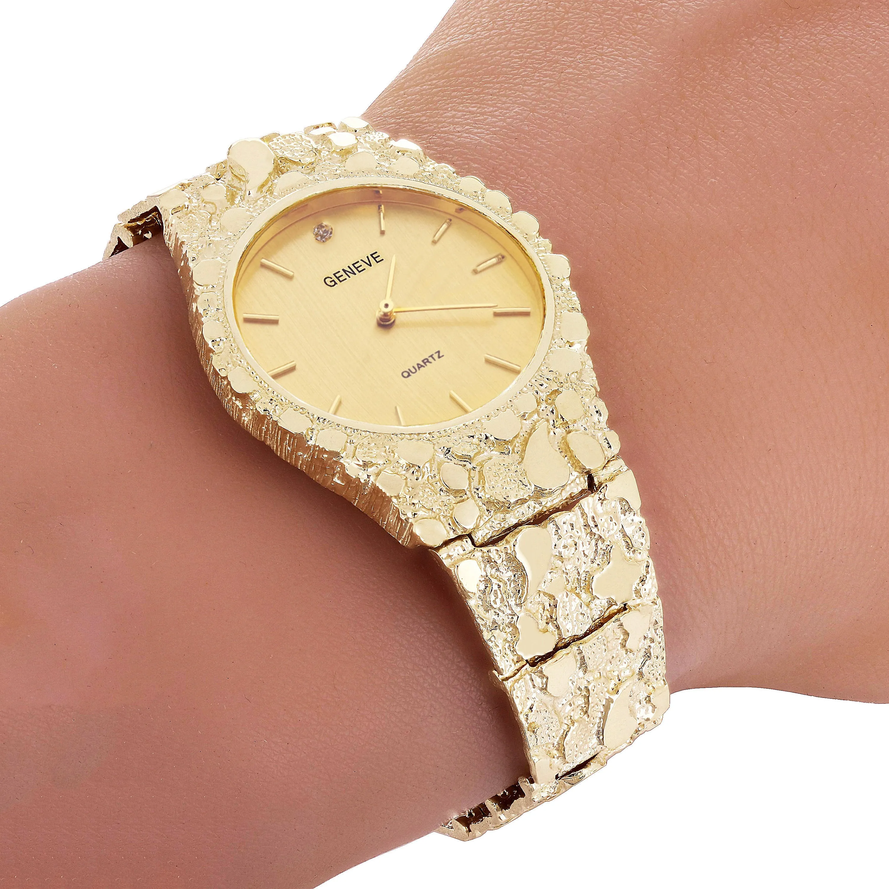 10k Yellow Gold Nugget Link Wrist Band Geneve Diamond Watch 7-7.5" 47 grams