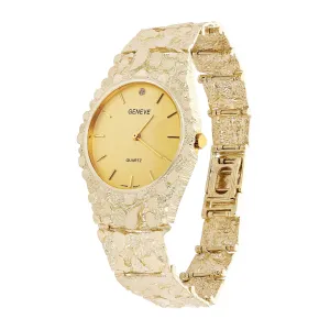 10k Yellow Gold Nugget Link Wrist Band Geneve Diamond Watch 7-7.5" 47 grams