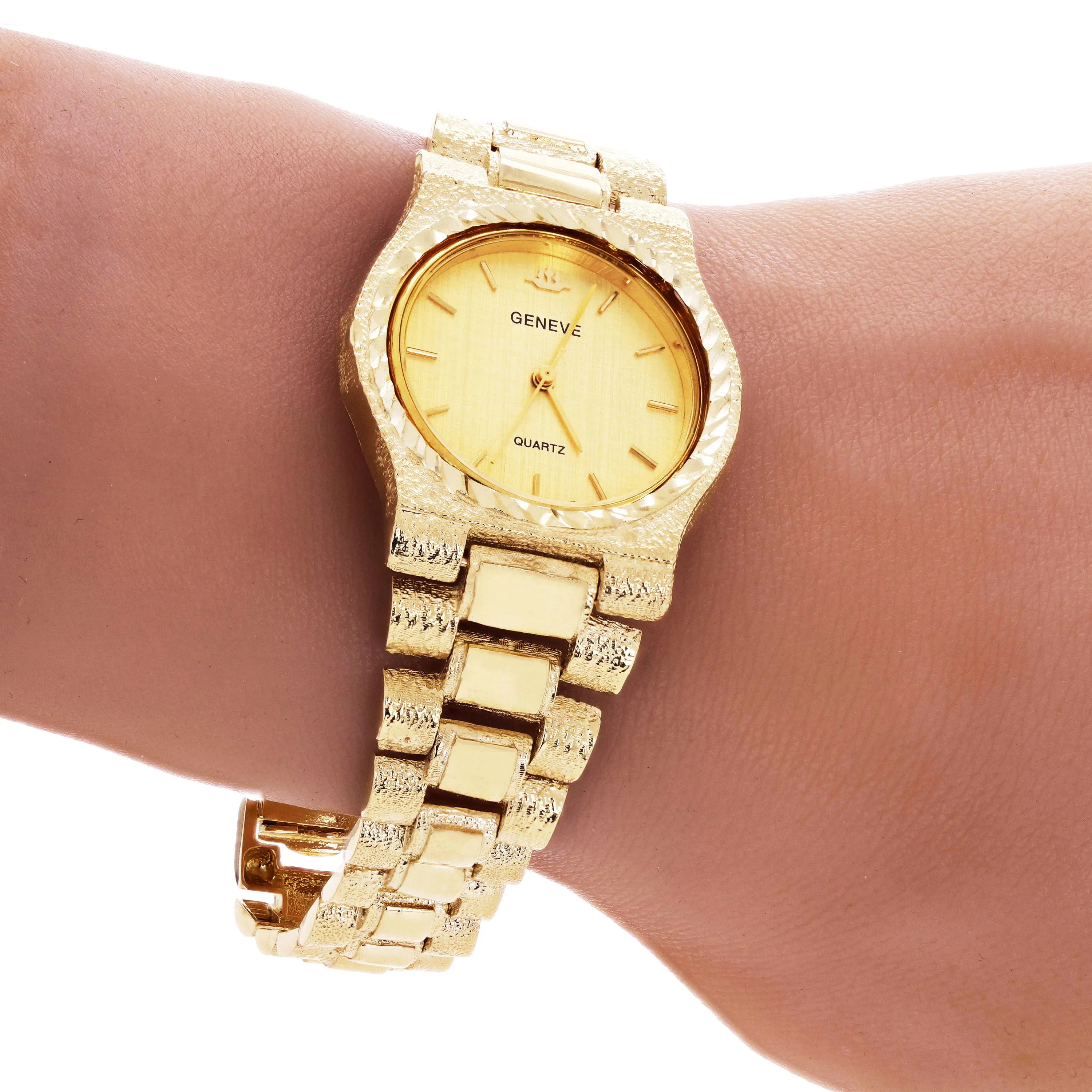 10k Yellow Gold Watch Link Wrist Band with Geneve Watch 7-7.5" 46.5 grams