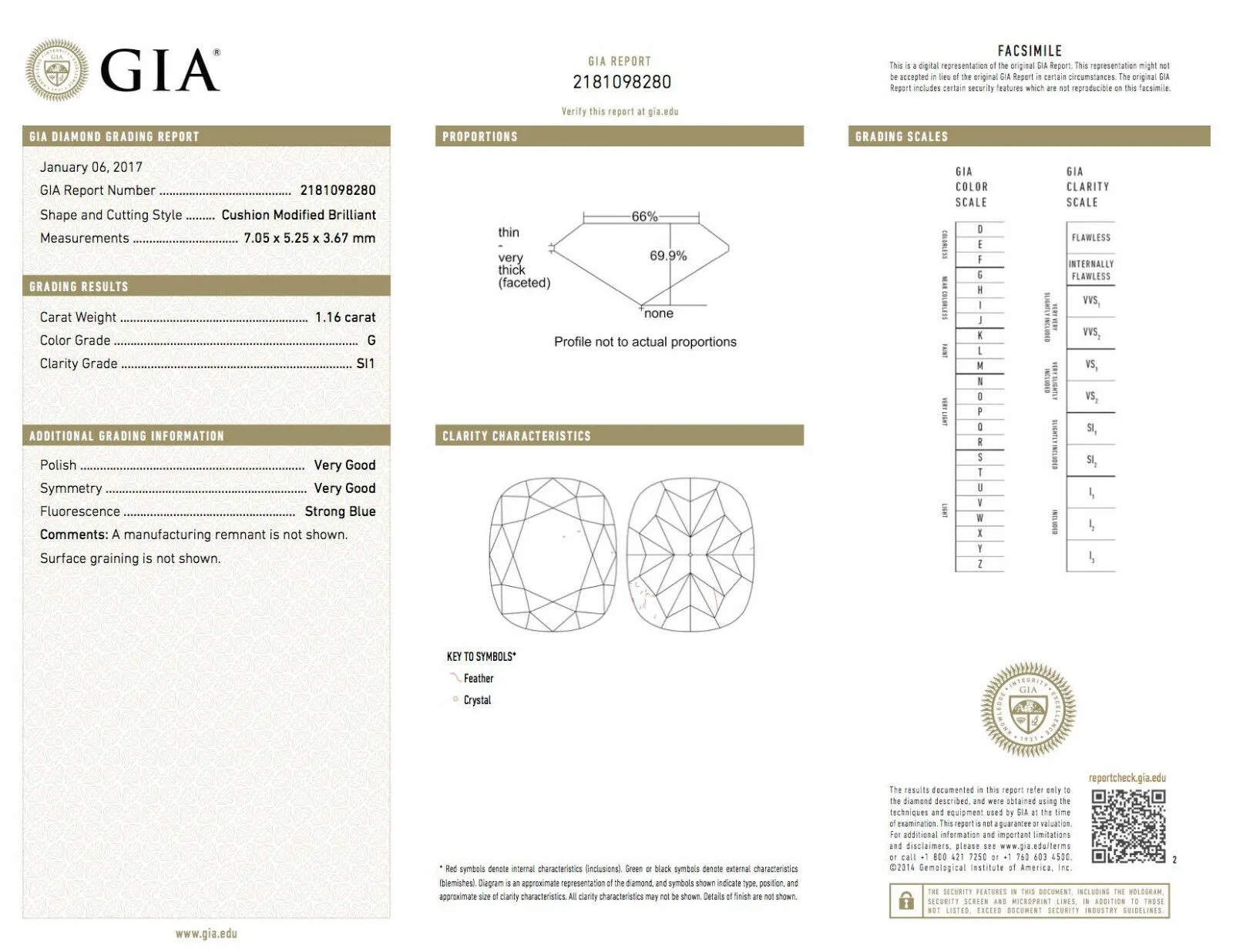 1.16 CT G Color SI1 Clarity Natural Loose Diamond Cushion Cut GIA Certified