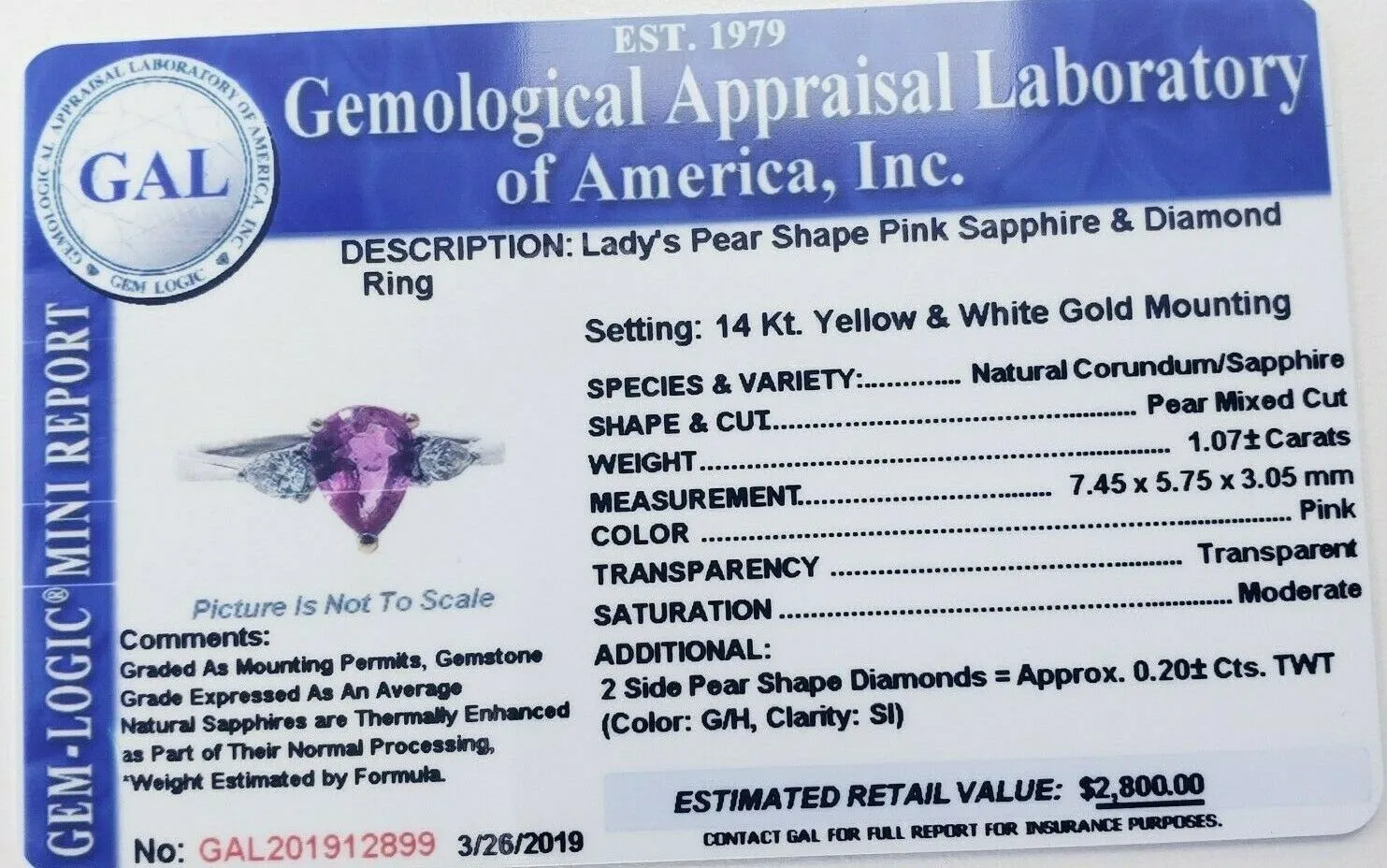 14k Lady's Pear Shape Cut Pink Color Sapphire Diamond Ring 1 CT Retail $2800