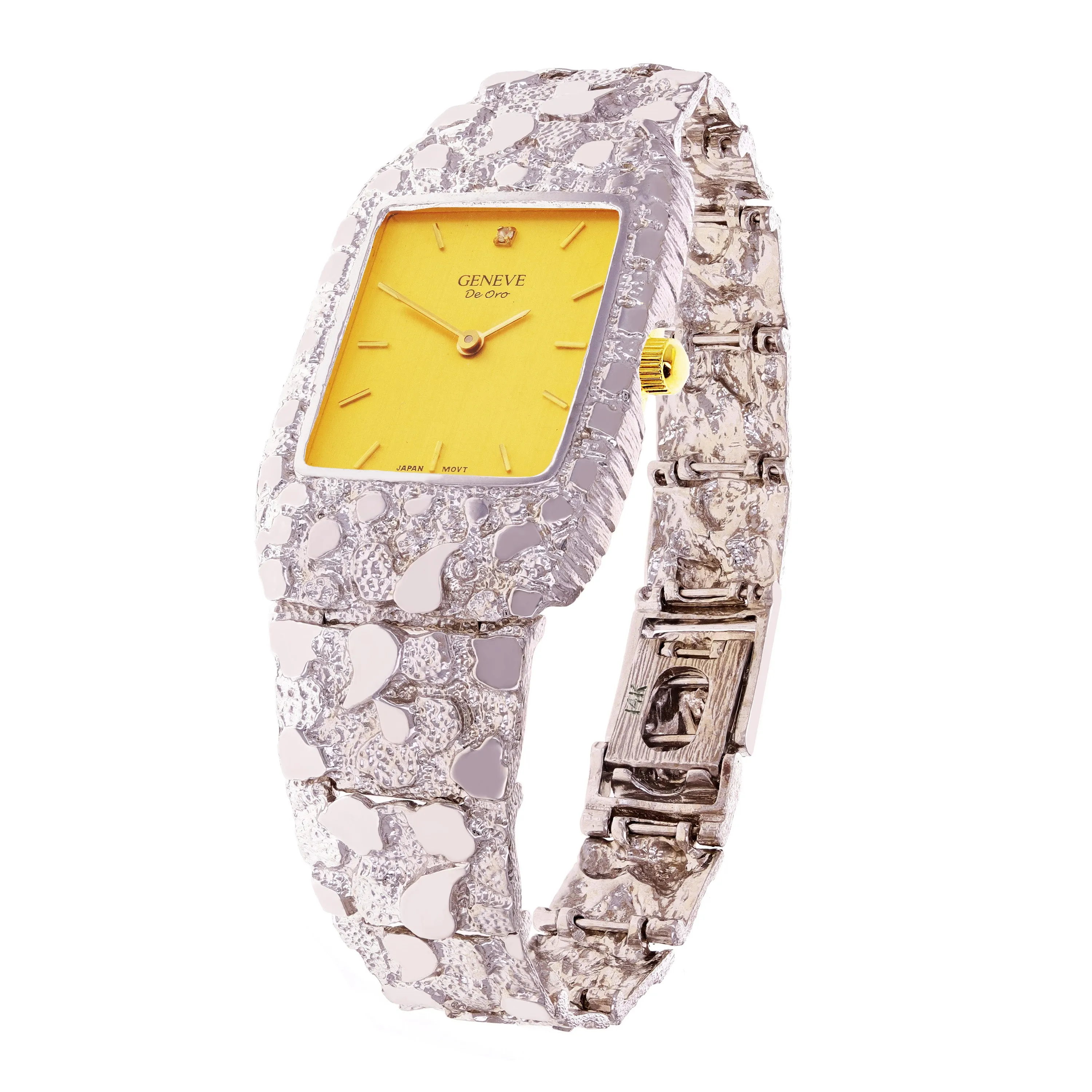 14k White Gold Nugget Link Wrist Band Geneve Diamond Watch 7.5"-8" 54.5 grams