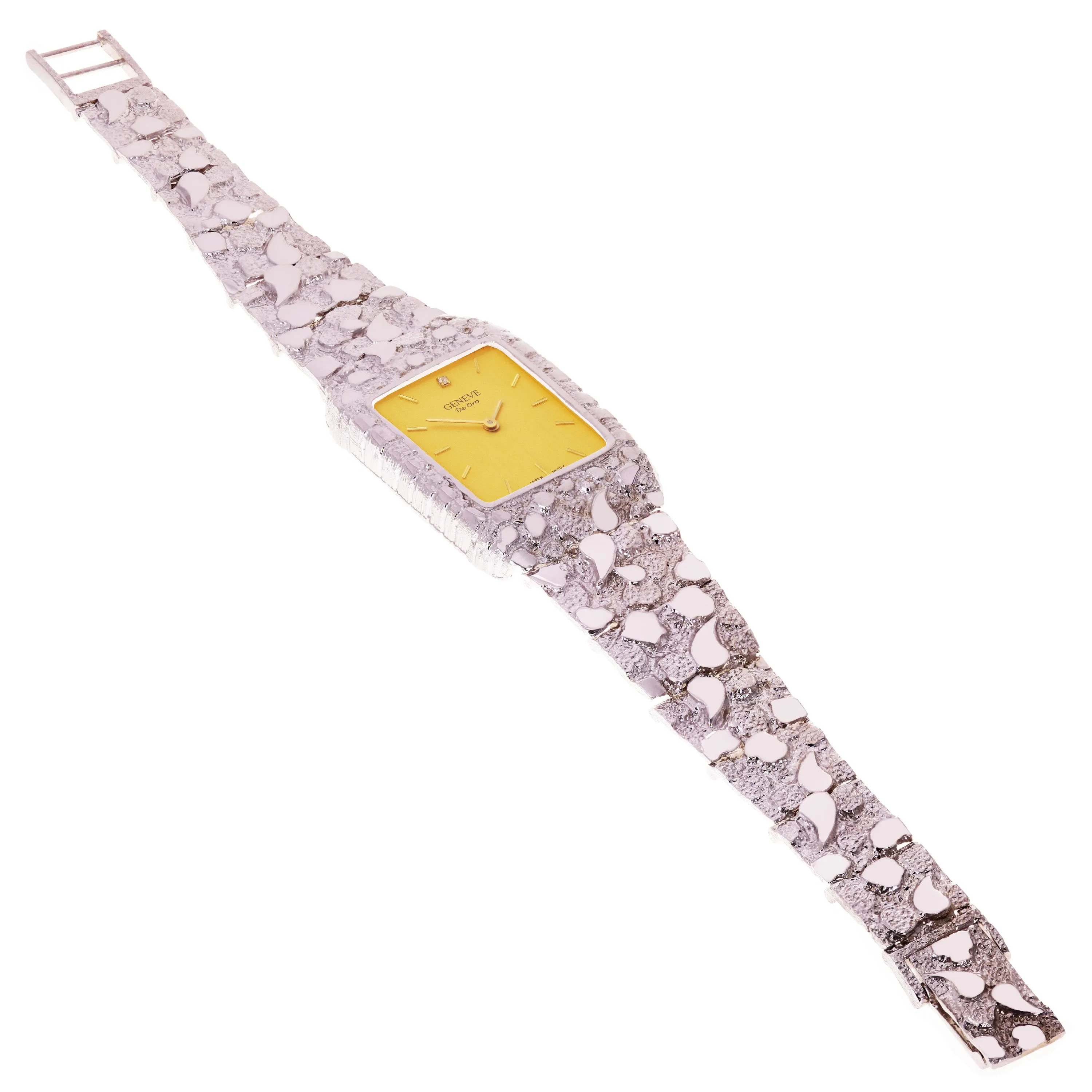 14k White Gold Nugget Link Wrist Band Geneve Diamond Watch 7.5"-8" 54.5 grams
