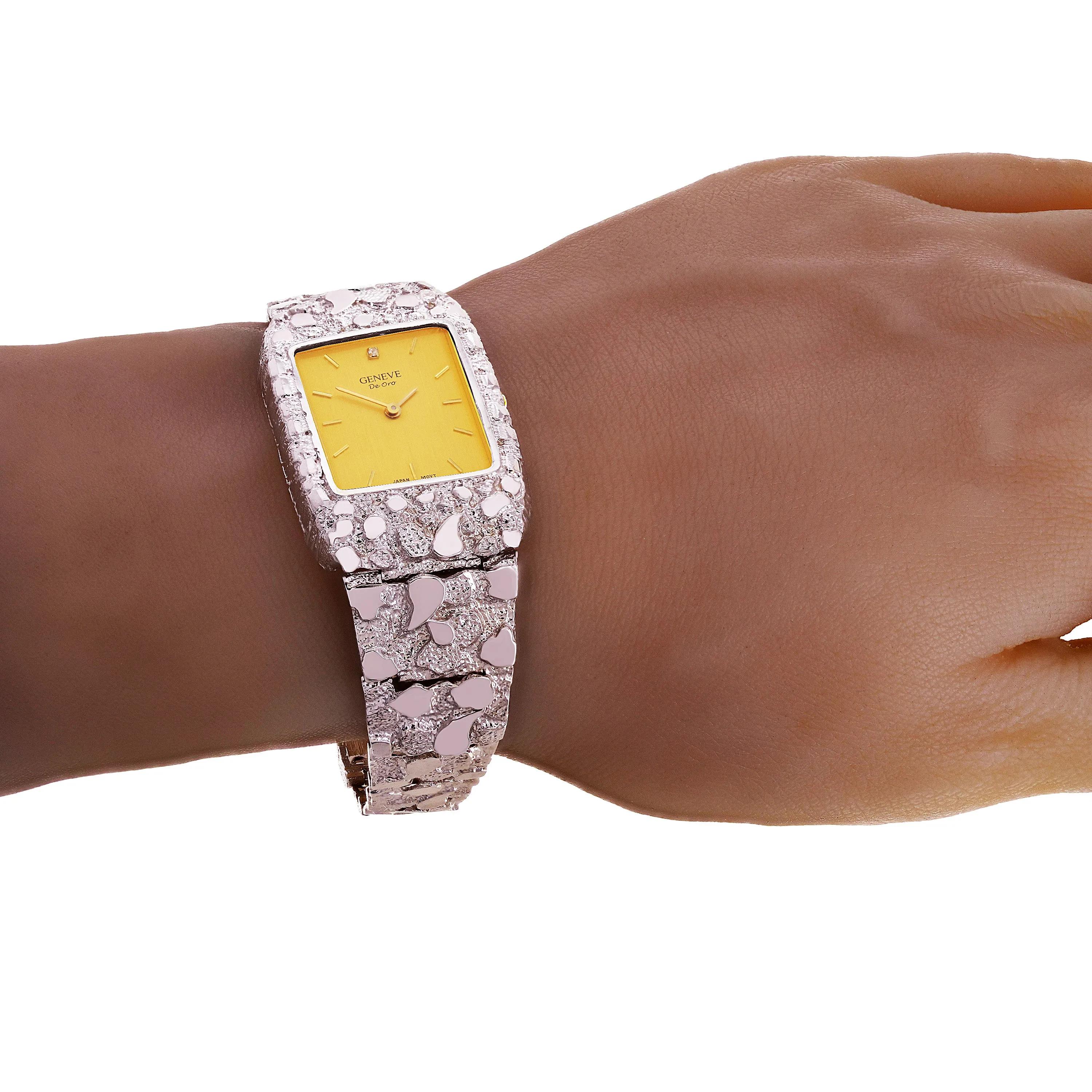 14k White Gold Nugget Link Wrist Band Geneve Diamond Watch 7.5"-8" 54.5 grams