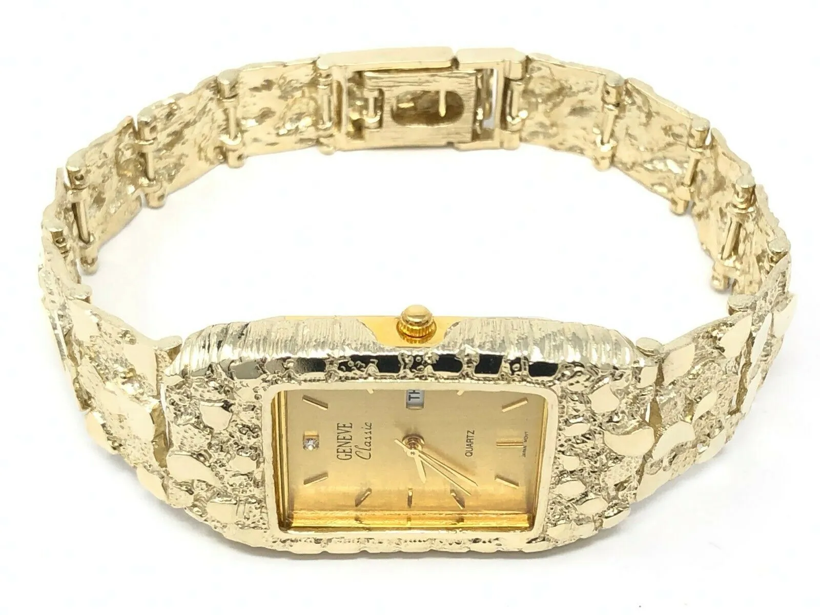 14k Yellow Gold Nugget Link Bracelet Geneve Wrist Watch 8.5" 60 grams