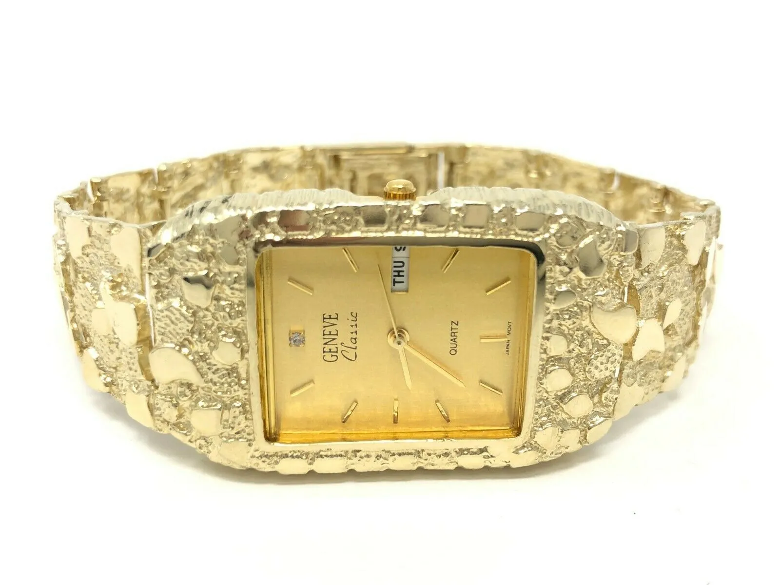 14k Yellow Gold Nugget Link Bracelet Geneve Wrist Watch 8.5" 60 grams
