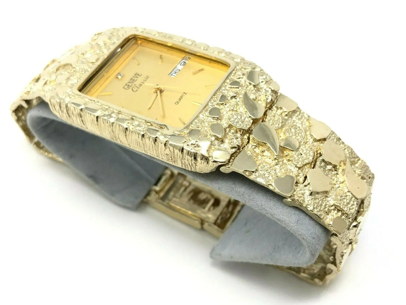 14k Yellow Gold Nugget Link Bracelet Geneve Wrist Watch 8.5" 60 grams