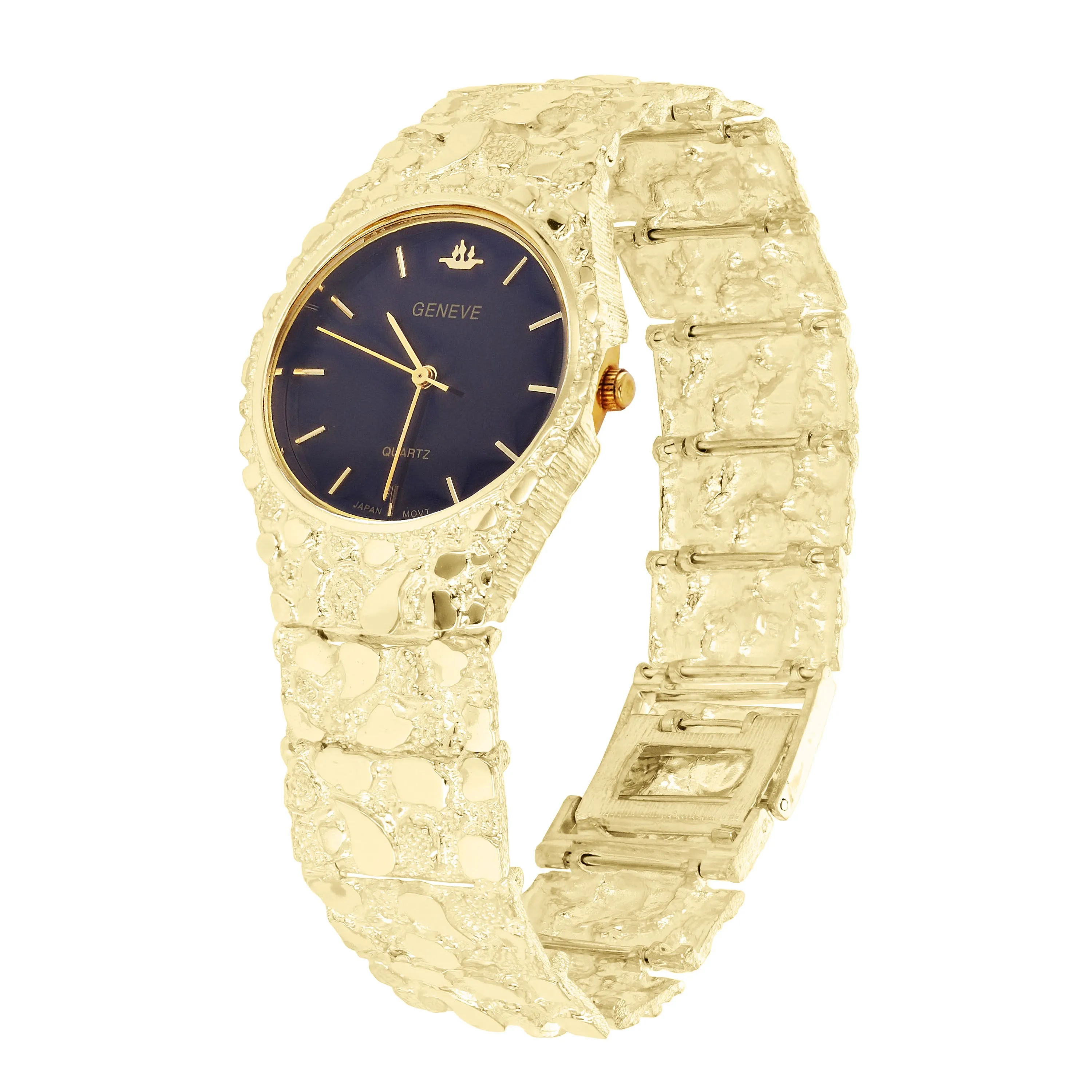 14k Yellow Gold Nugget Link Geneve Wrist Watch Straight Band Adj. 7.5-8" 75 gram
