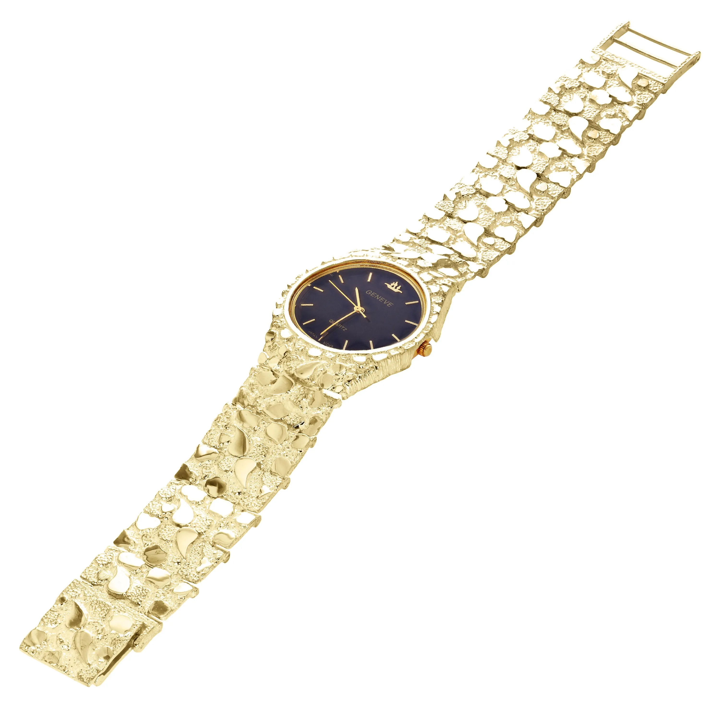 14k Yellow Gold Nugget Link Geneve Wrist Watch Straight Band Adj. 7.5-8" 75 gram
