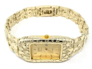 14k Yellow Gold Nugget Link Wrist Watch Bracelet Geneve with Diamond 8" 54 grams