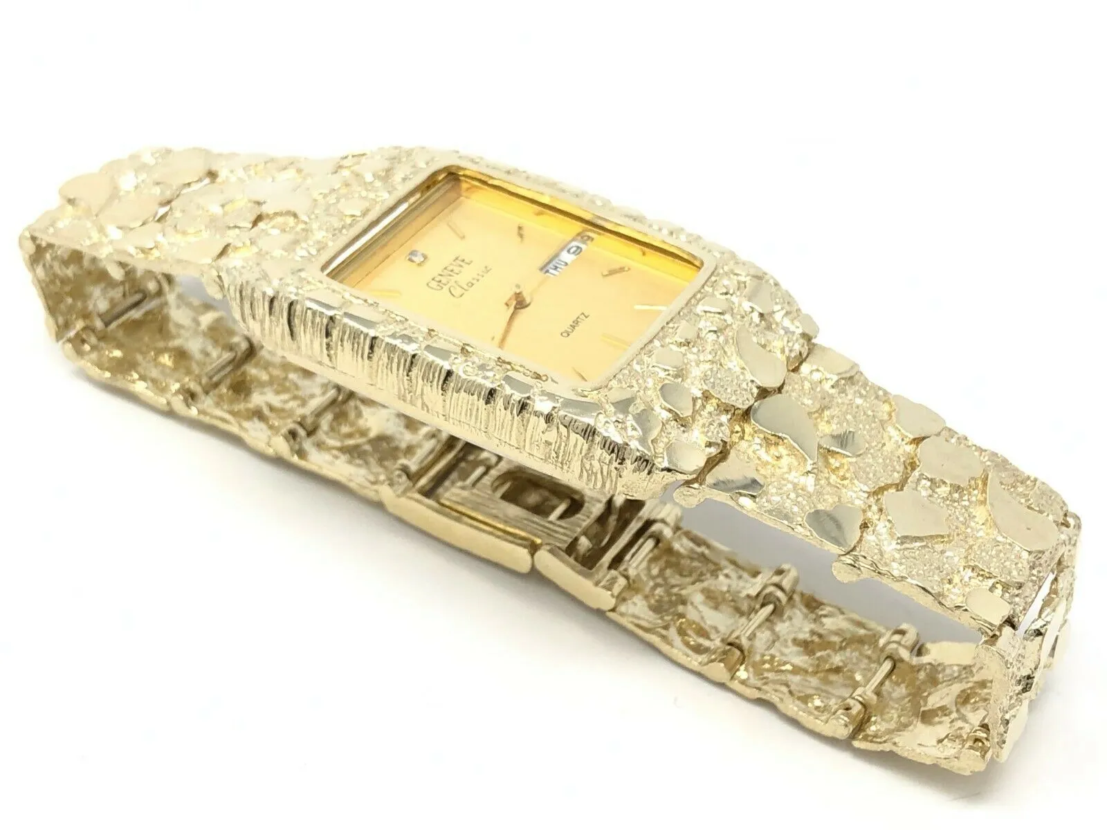 14k Yellow Gold Nugget Link Wrist Watch Bracelet Geneve with Diamond 8" 54 grams