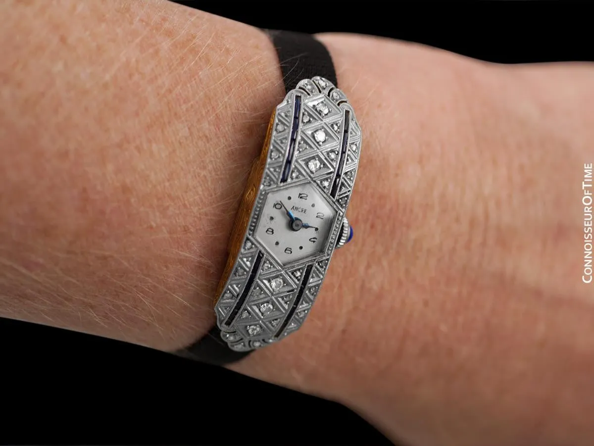 1920's Swiss Ancre Vintage Art Nouveau / Art Deco Ladies Watch - 18K Gold, Diamonds & Sapphires