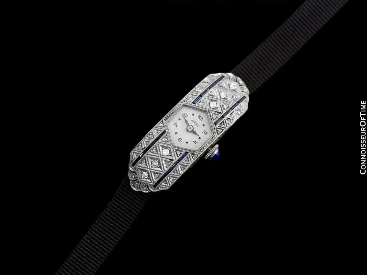 1920's Swiss Ancre Vintage Art Nouveau / Art Deco Ladies Watch - 18K Gold, Diamonds & Sapphires