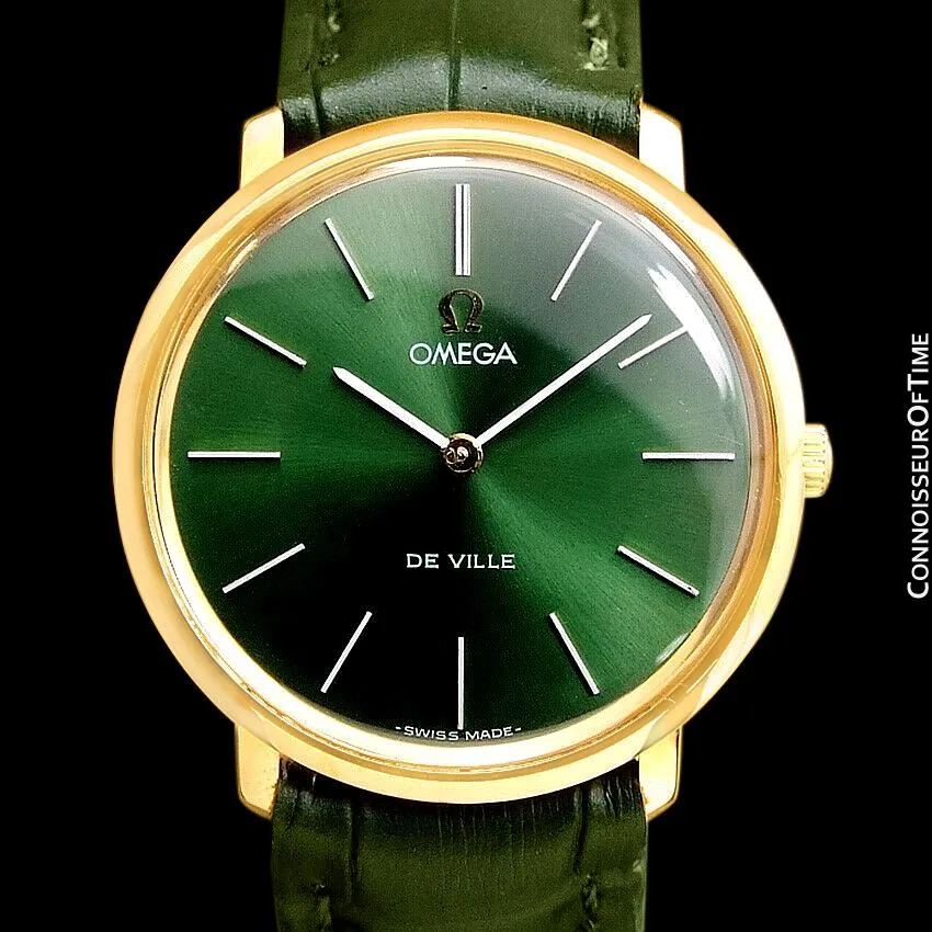 1970 Omega De Ville Mens Midsize Ultra Thin Dress Watch with Forest Green / Money Green Dial - 18K Gold Plated and Stainless Steel