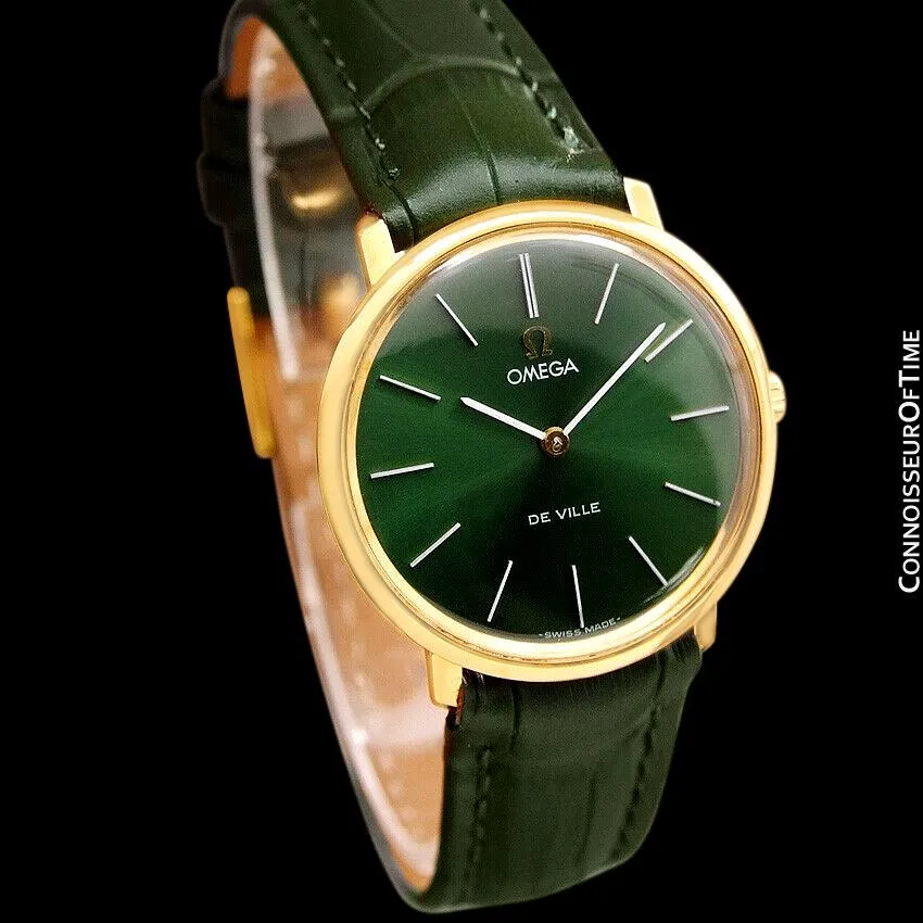 1970 Omega De Ville Mens Midsize Ultra Thin Dress Watch with Forest Green / Money Green Dial - 18K Gold Plated and Stainless Steel