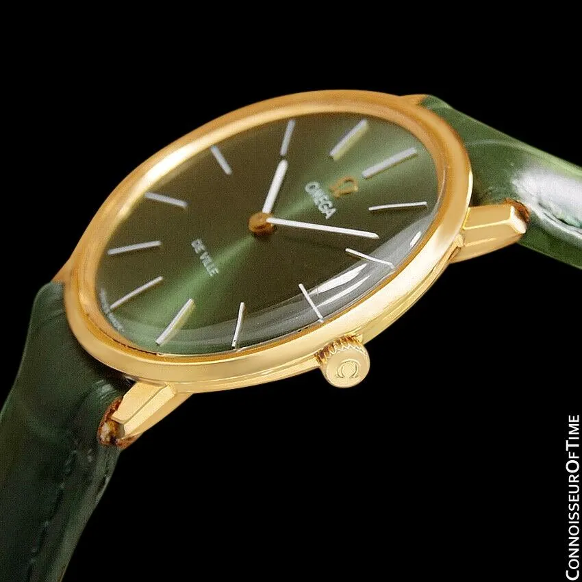 1970 Omega De Ville Mens Midsize Ultra Thin Dress Watch with Forest Green / Money Green Dial - 18K Gold Plated and Stainless Steel
