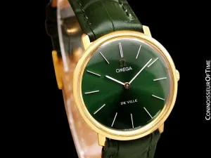 1970 Omega De Ville Mens Midsize Ultra Thin Dress Watch with Forest Green / Money Green Dial - 18K Gold Plated and Stainless Steel