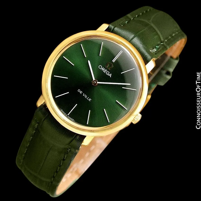 1970 Omega De Ville Mens Midsize Ultra Thin Dress Watch with Forest Green / Money Green Dial - 18K Gold Plated and Stainless Steel
