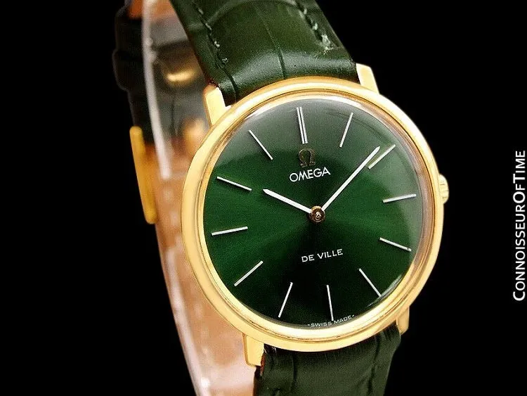 1970 Omega De Ville Mens Midsize Ultra Thin Dress Watch with Forest Green / Money Green Dial - 18K Gold Plated and Stainless Steel