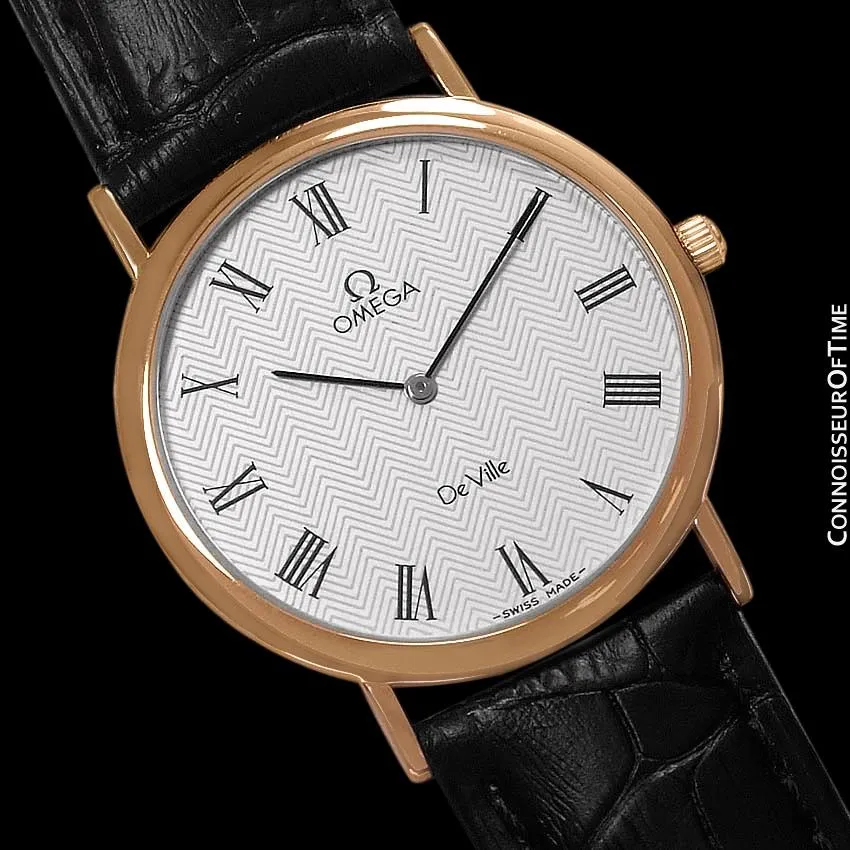1980's Omega De Ville Vintage Mens Midsize Ultra Thin Dress Watch - 18K Gold Plated & Stainless Steel