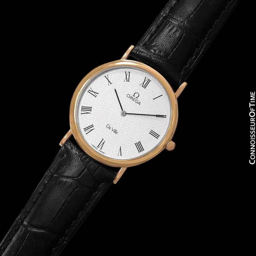 1980's Omega De Ville Vintage Mens Midsize Ultra Thin Dress Watch - 18K Gold Plated & Stainless Steel