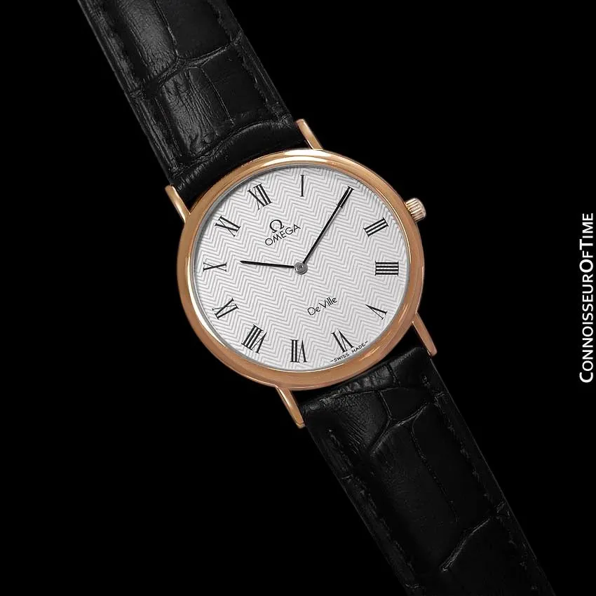 1980's Omega De Ville Vintage Mens Midsize Ultra Thin Dress Watch - 18K Gold Plated & Stainless Steel
