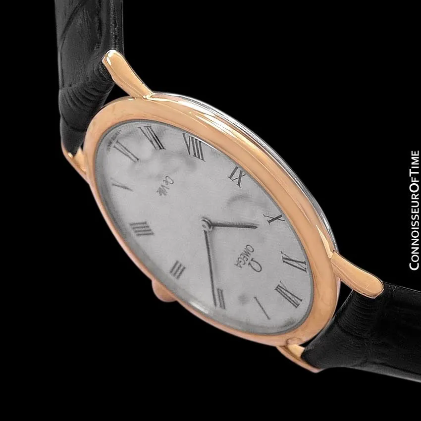 1980's Omega De Ville Vintage Mens Midsize Ultra Thin Dress Watch - 18K Gold Plated & Stainless Steel
