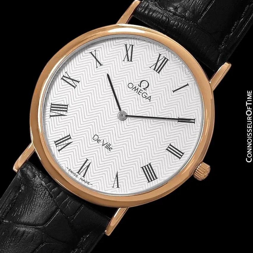 1980's Omega De Ville Vintage Mens Midsize Ultra Thin Dress Watch - 18K Gold Plated & Stainless Steel