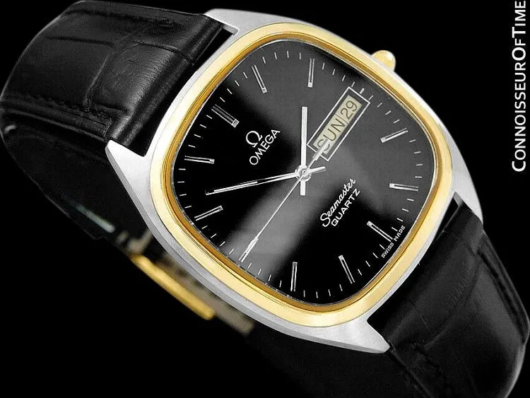 1984 Omega Seamaster Vintage Retro Mens Full Size Quartz Watch, Day Date - 18K Gold Plated & Stainless Steel