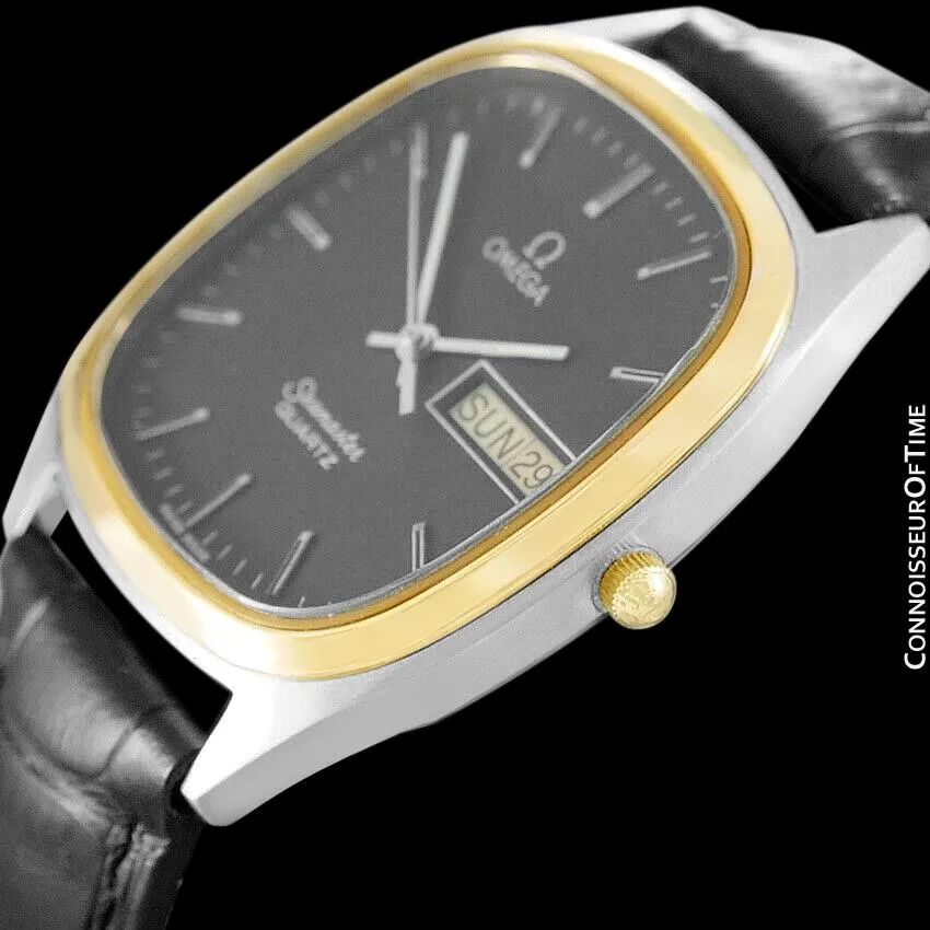 1984 Omega Seamaster Vintage Retro Mens Full Size Quartz Watch, Day Date - 18K Gold Plated & Stainless Steel