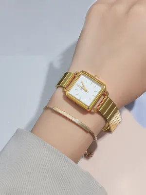 1pc Minimalist Square Pointer Quartz Watch & 1pc Bracelet  - Gold