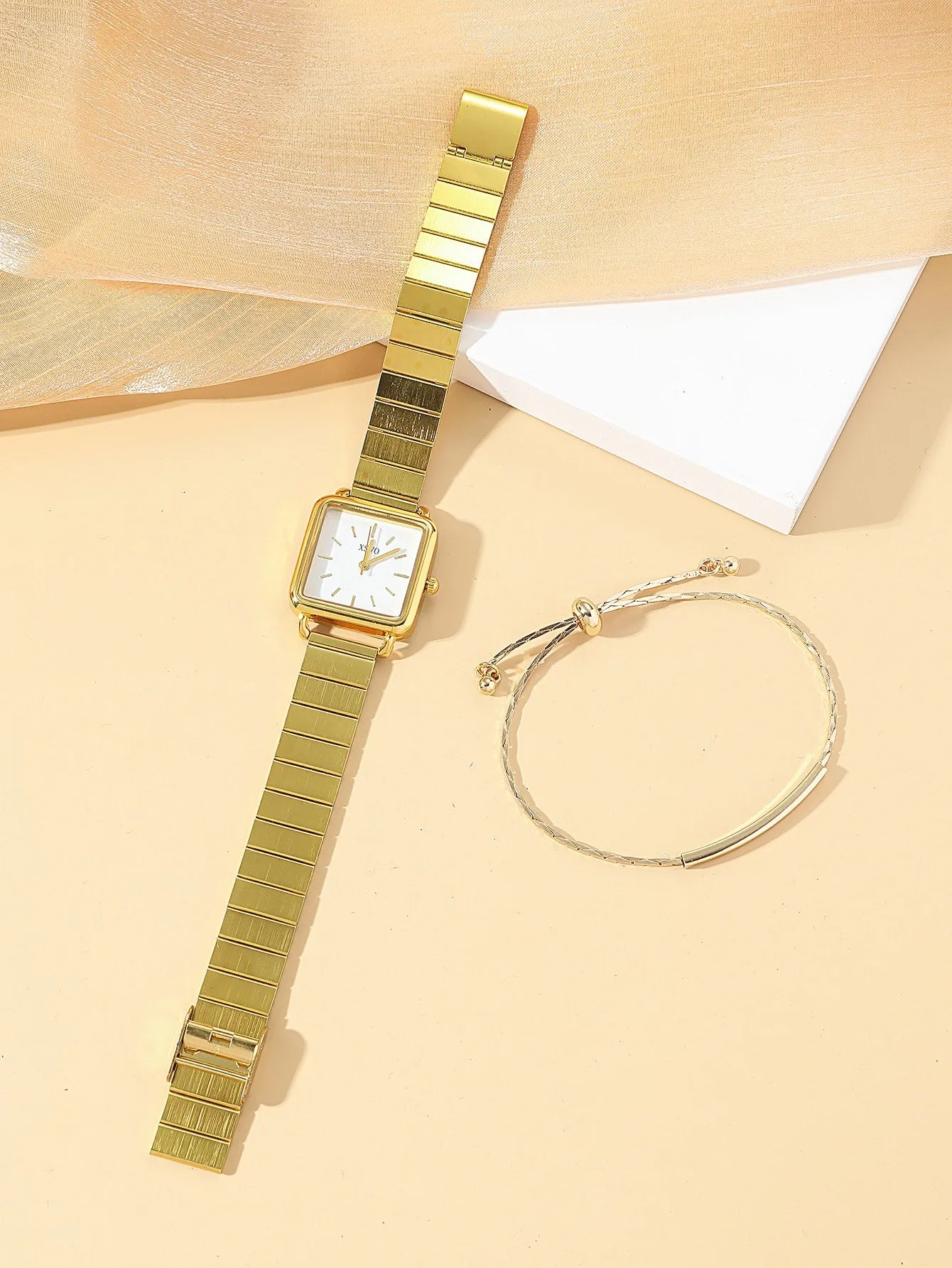 1pc Minimalist Square Pointer Quartz Watch & 1pc Bracelet  - Gold