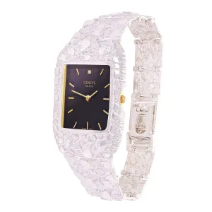925 Sterling Silver Nugget Link Bracelet Geneve with Diamond Watch 8-8.5" 50g