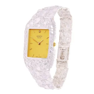 925 Sterling Silver Nugget Link Bracelet Geneve with Diamond Watch 8-8.5" 50g