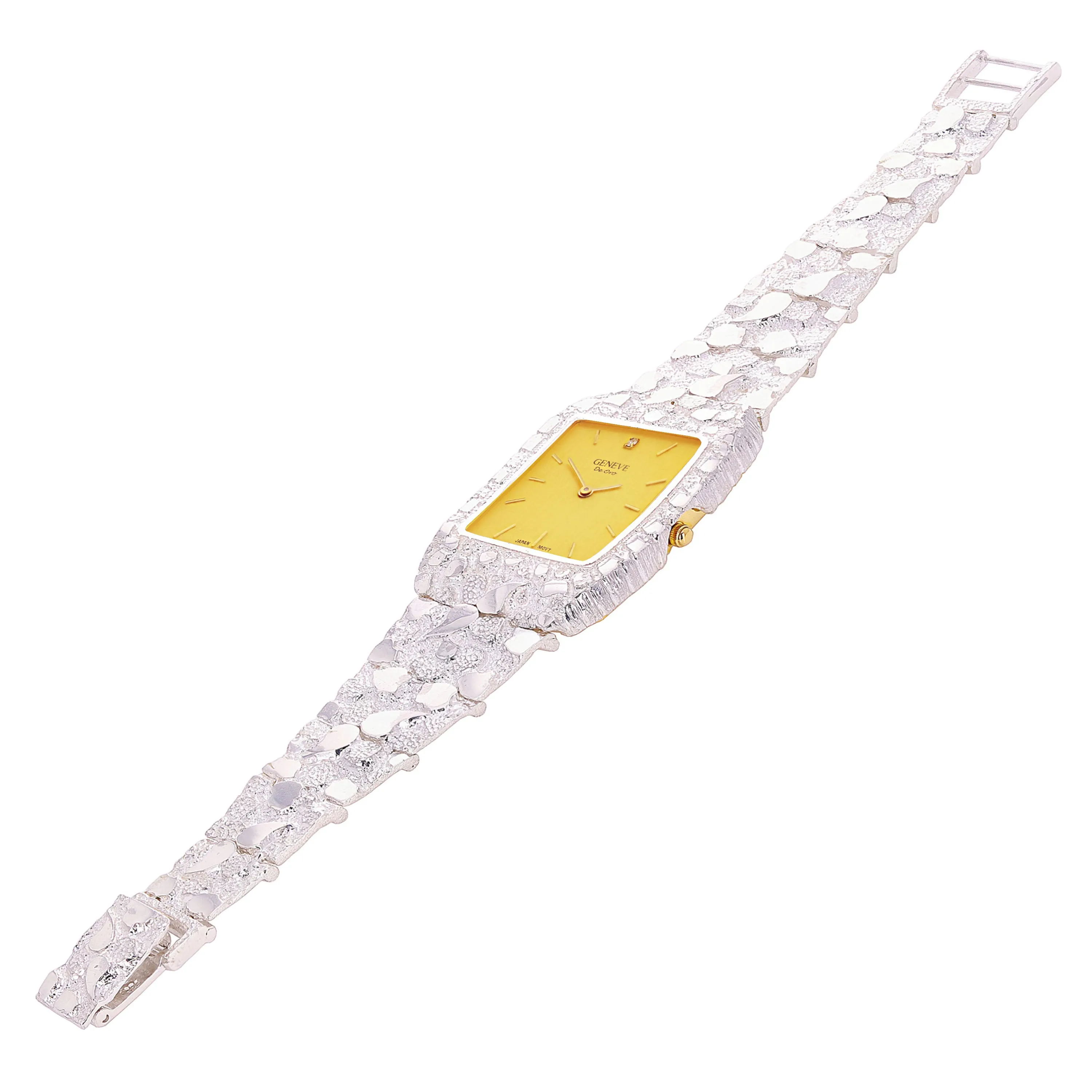 925 Sterling Silver Nugget Link Bracelet Geneve with Diamond Watch 8-8.5" 50g