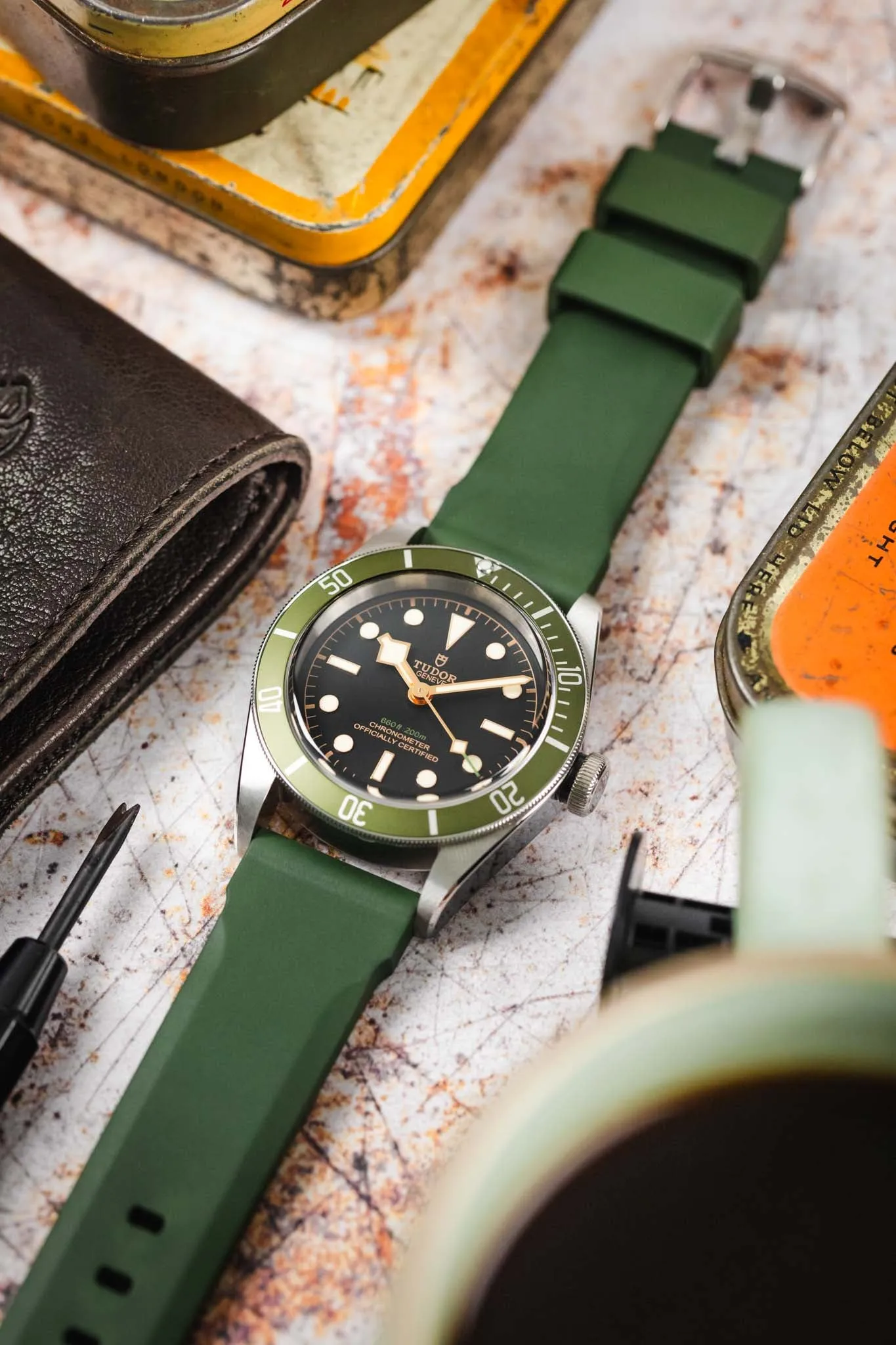Bonetto Cinturini 317 Premium Rubber Watch Strap in DARK GREEN