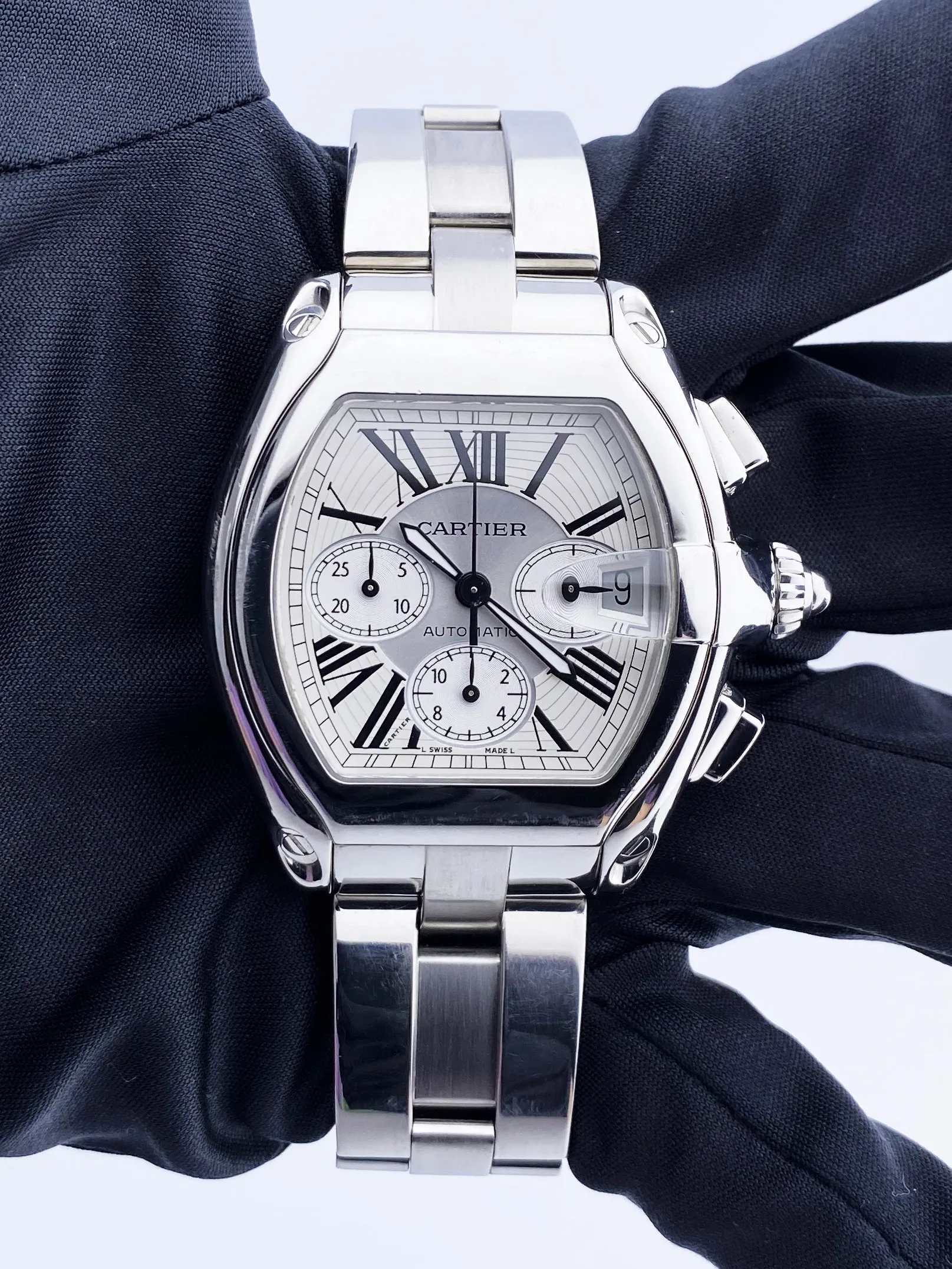 Cartier Roadster XL 2618 Sliver Dial Mens Watch Box Papers