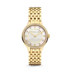 Cerruti Ladies Watch Gold Plated Case With Stones / White Mother Of Pearl Dial & Gold Plated Metal Bracelet