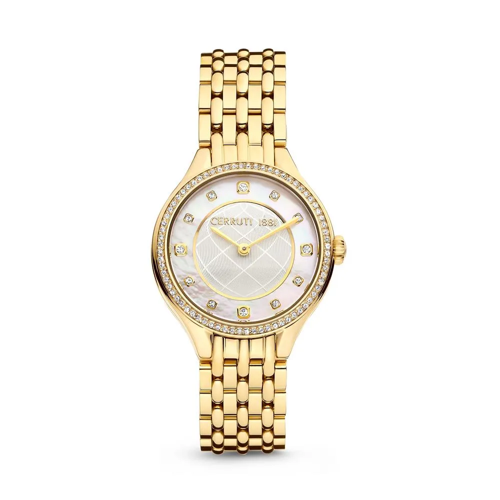 Cerruti Ladies Watch Gold Plated Case With Stones / White Mother Of Pearl Dial & Gold Plated Metal Bracelet