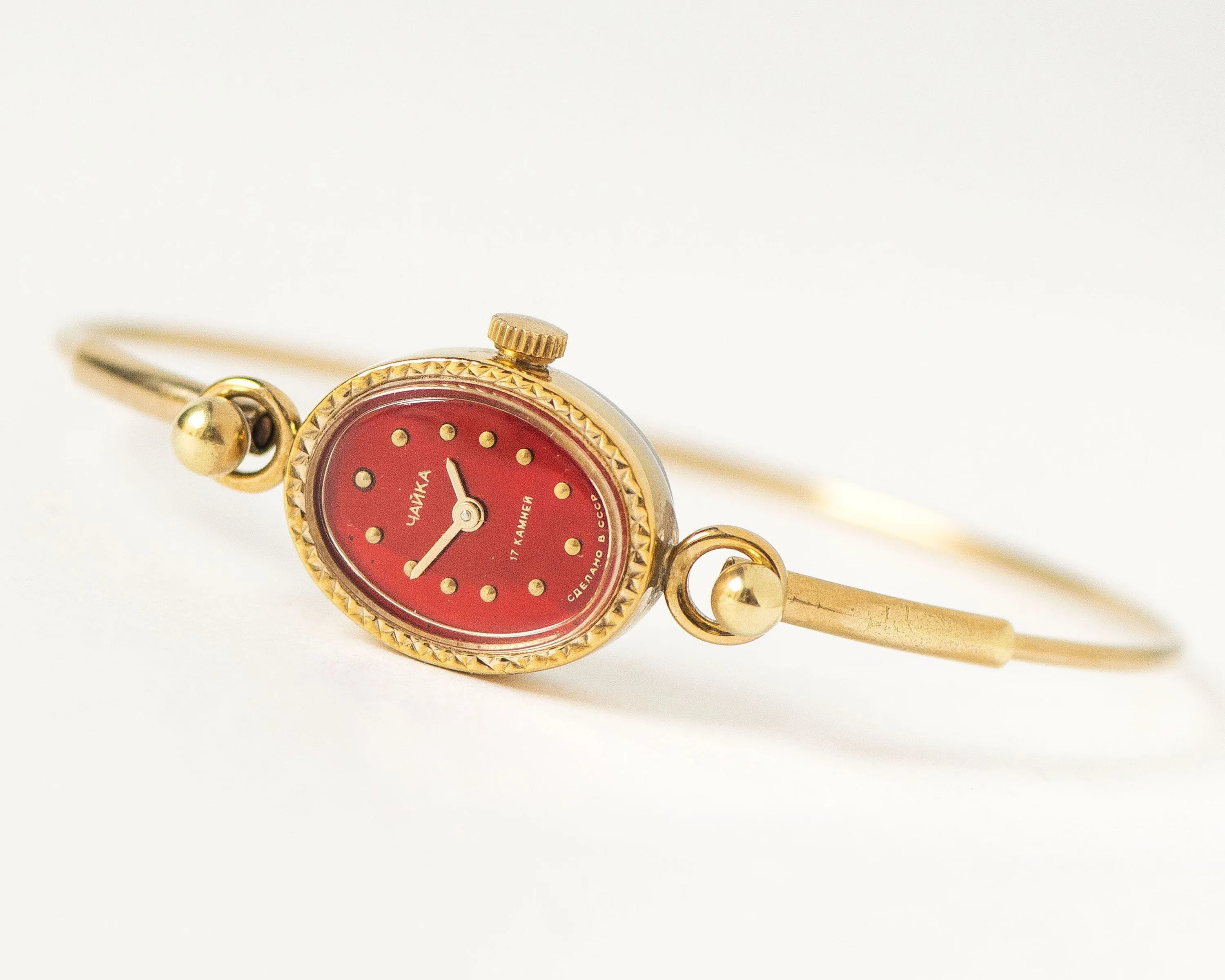 Chick women wristwatch gold plated Seagull vintage, oval red dial cocktail watch bracelet gift, vintage fashion small wrist lady timepiece