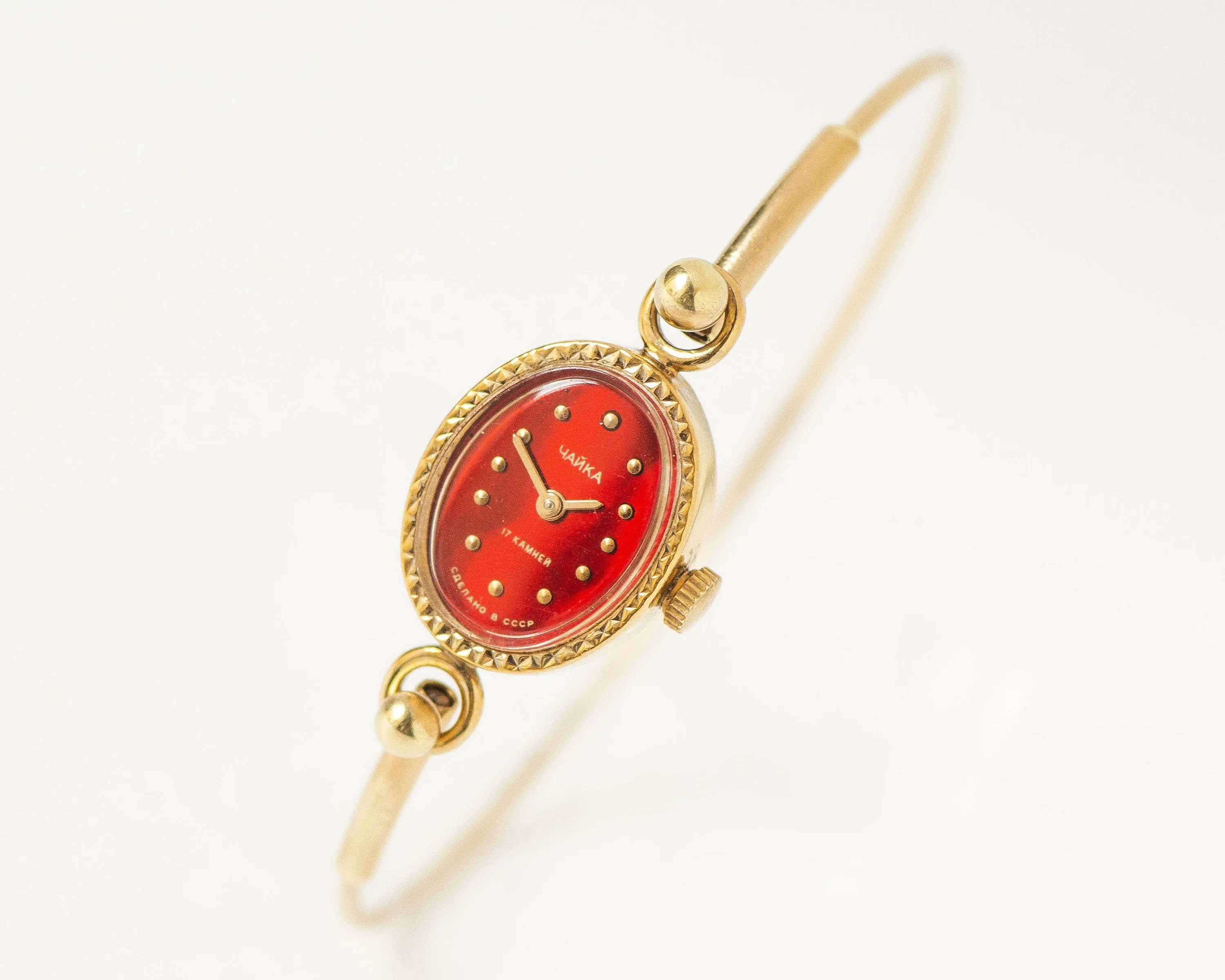 Chick women wristwatch gold plated Seagull vintage, oval red dial cocktail watch bracelet gift, vintage fashion small wrist lady timepiece