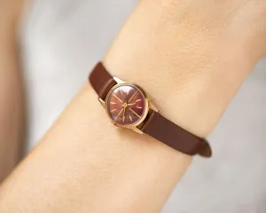 Cinnamon brown women watch Glory, vintage gold plated lady wristwatch, minimalist lady watch gift jewelry accessory new genuine leather band