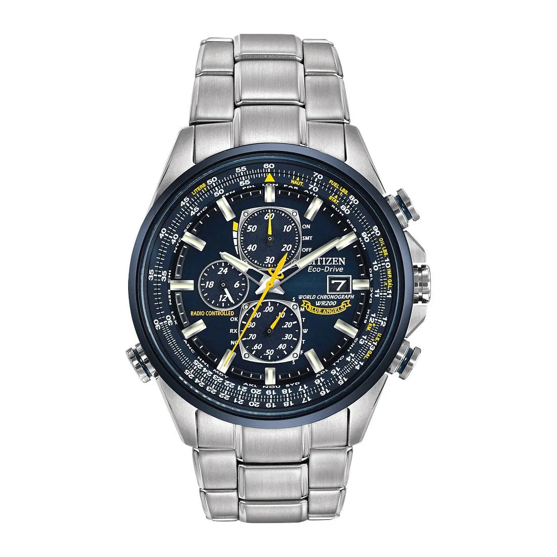 Citizen Blue Angels World Chronograph A-T Mens Eco Drive Silver Tone Blue Dial Watch