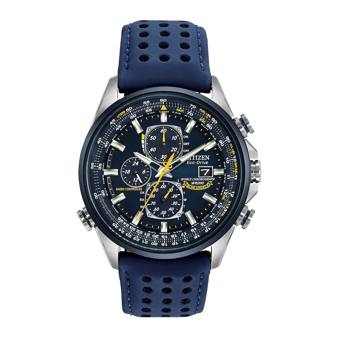 Citizen Blue Angels World Chronograph A-T Mens Eco Drive Two Tone Blue Leather Strap Watch
